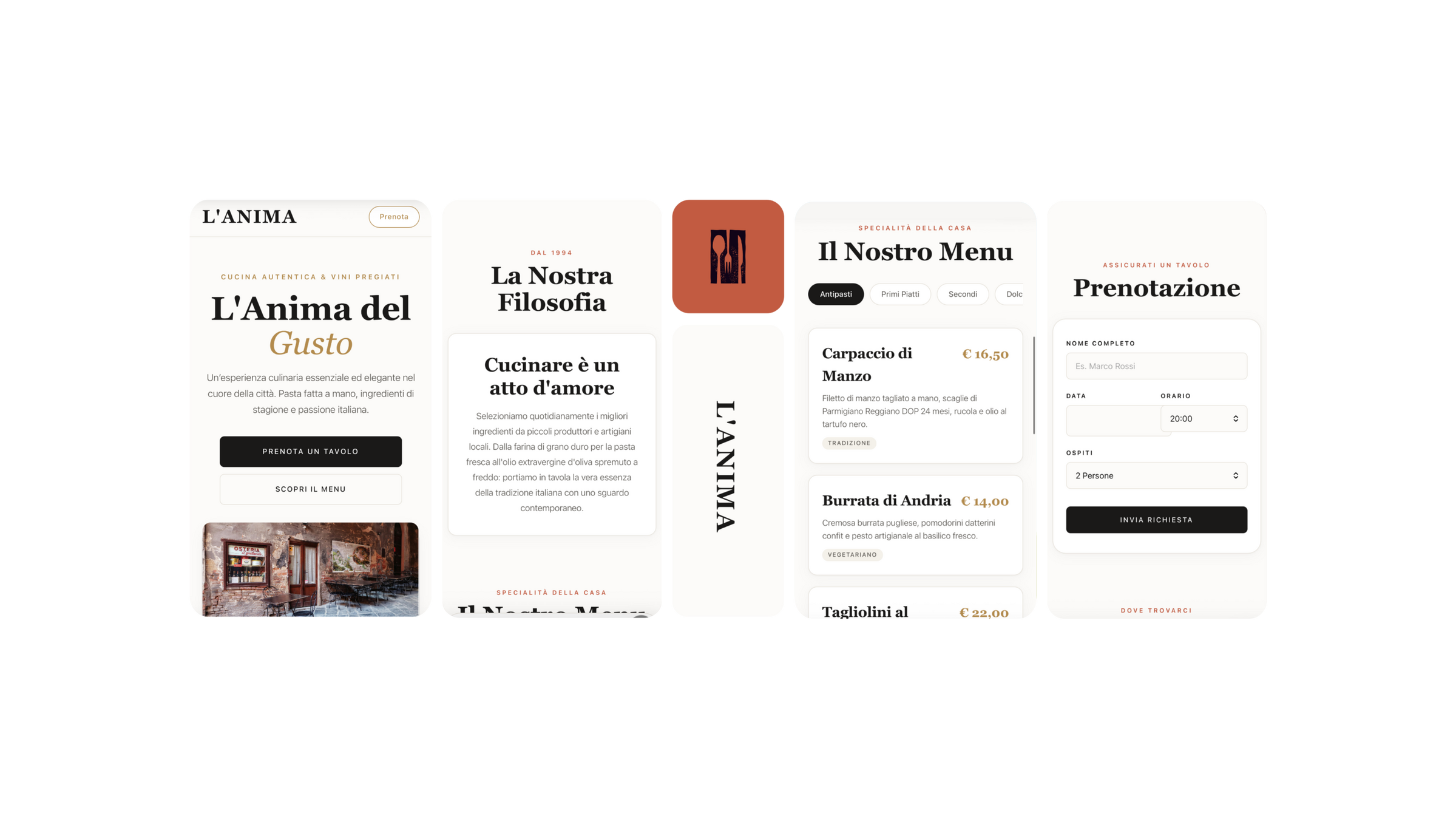 machwerk Webdesign-Konzept: Italienische Restaurant-Website „L’Anima del Gusto" Screenshot eines umfassenden Website-Design-Konzepts der Webagentur Machwerk für einen Barber Shop. Zeigt das vollständige Layout mit Homepage, Menü-Übersicht, Service-Liste, Kontaktbereich und integriertem Logo-Design in verschiedenen Farbvarianten (Rot,