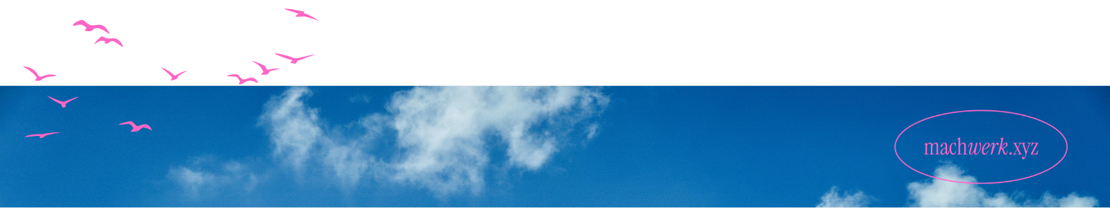 Lange blaue Banner-Grafik mit Himmel und Wolkenmotiv, fliegenden pinken Vögeln und dem ovalen „machwerk.xyz" Logo in pink rechts.